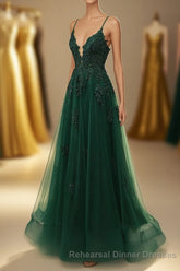 A-Line Tulle Spaghetti Straps Appliques Long Semi Formal Prom Dress with Alit